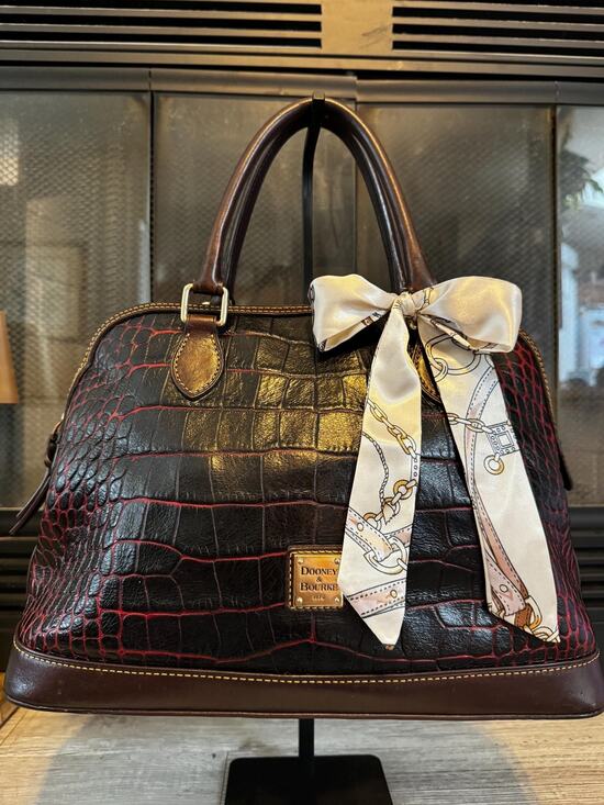 Dooney & Bourke Handbags - Extra Large Dooney Bourke Chestnut Croc Embossed Leather Satchel – Red Trim Bag